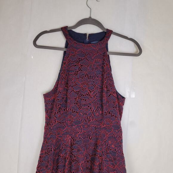 Mod Cloth A Night Like This blue and red lace ruffle hem halter dress Size 8 - Picture 6 of 15